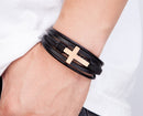 Pulseira Sentinela | Cruz de Aço & Couro Multicamadas
