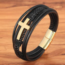 Pulseira Sentinela | Cruz de Aço & Couro Multicamadas