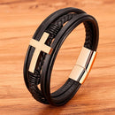 Pulseira Sentinela | Cruz de Aço & Couro Multicamadas