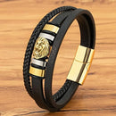 Pulseira Dominus | Leão de Aço & Couro Triplo