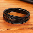 Pulseira Eixo de Aço | Couro Multicamadas & Estilo Minimalista