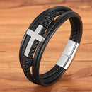 Pulseira Sentinela | Cruz de Aço & Couro Multicamadas