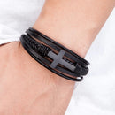Pulseira Sentinela | Cruz de Aço & Couro Multicamadas