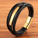 Pulseira Eixo de Aço | Couro Multicamadas & Estilo Minimalista