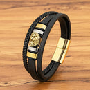Pulseira Dominus | Leão de Aço & Couro Triplo