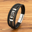 Pulseira Dominus | Leão de Aço & Couro Triplo