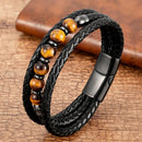 Pulseira Vulcano | Couro Triplo & Contas de Pedra Natural