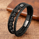 Pulseira Vulcano | Couro Triplo & Contas de Pedra Natural