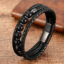Pulseira Vulcano | Couro Triplo & Contas de Pedra Natural