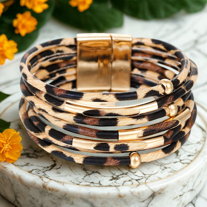 Pulseira Luxury Panther | Couro Multicamadas & Design de Leopardo