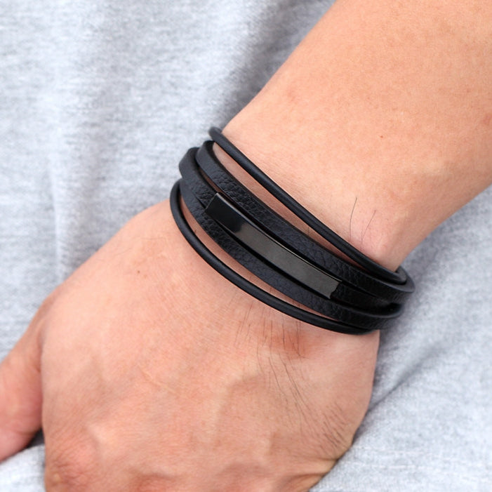 Pulseira Eixo de Aço | Couro Multicamadas & Estilo Minimalista