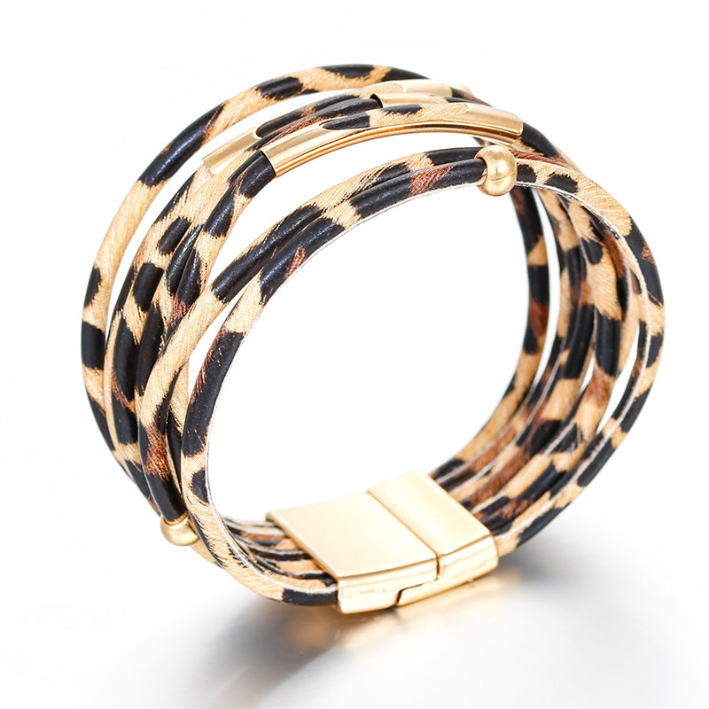 Pulseira Luxury Panther | Couro Multicamadas & Design de Leopardo