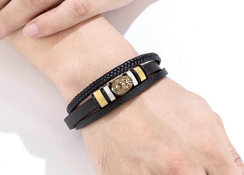 Pulseira Dominus | Leão de Aço & Couro Triplo