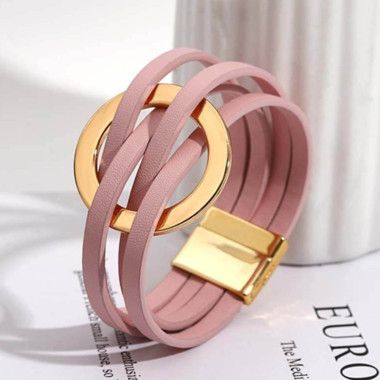 Pulseira Solarie | Couro Envoltório & Elo Dourado