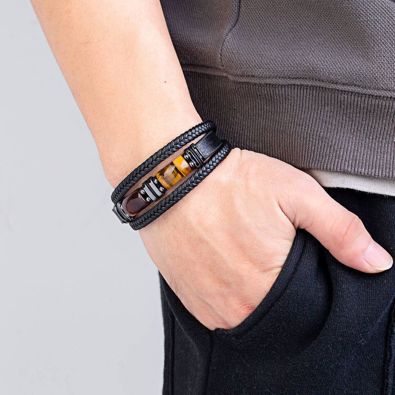 Pulseira Double Orion | Couro Triplo & Pedra Natural