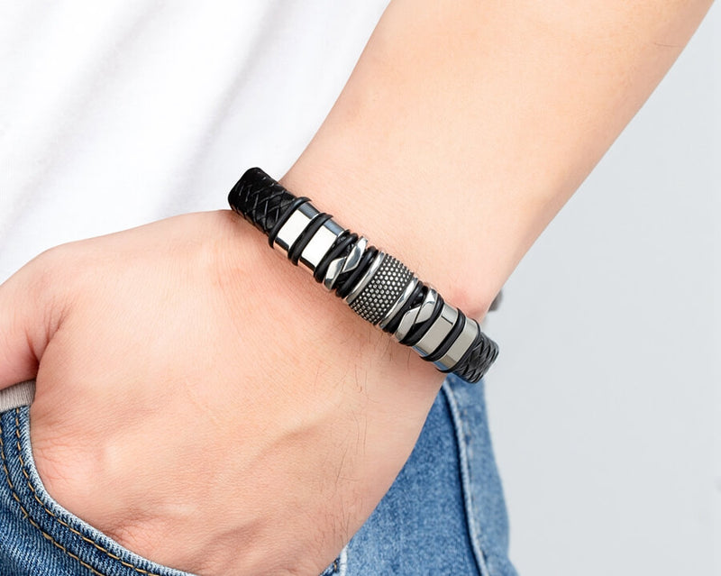 Pulseira Iron Link | Couro Trançado & Correntes de Aço
