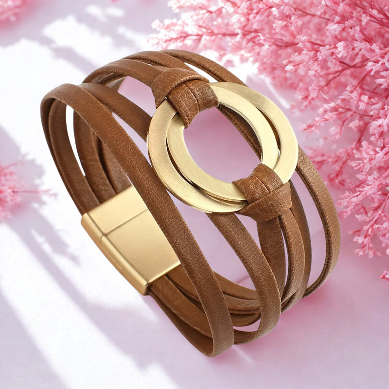 Pulseira Laço Solar | Couro Envoltório & Círculos Dourados