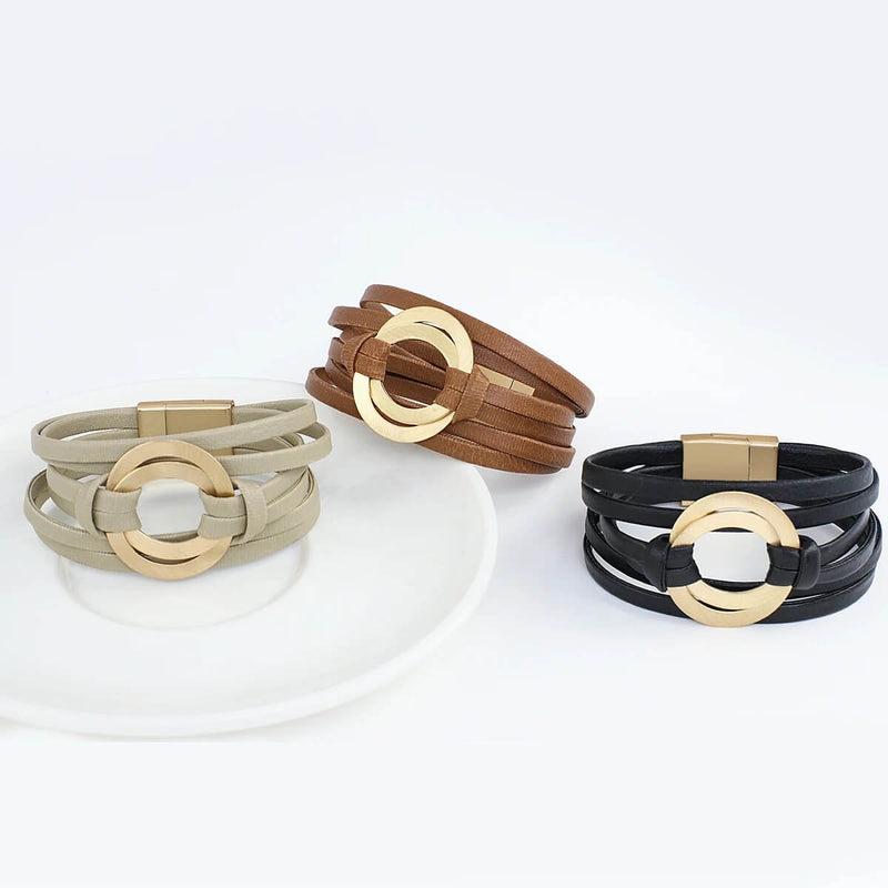 Pulseira Laço Solar | Couro Envoltório & Círculos Dourados