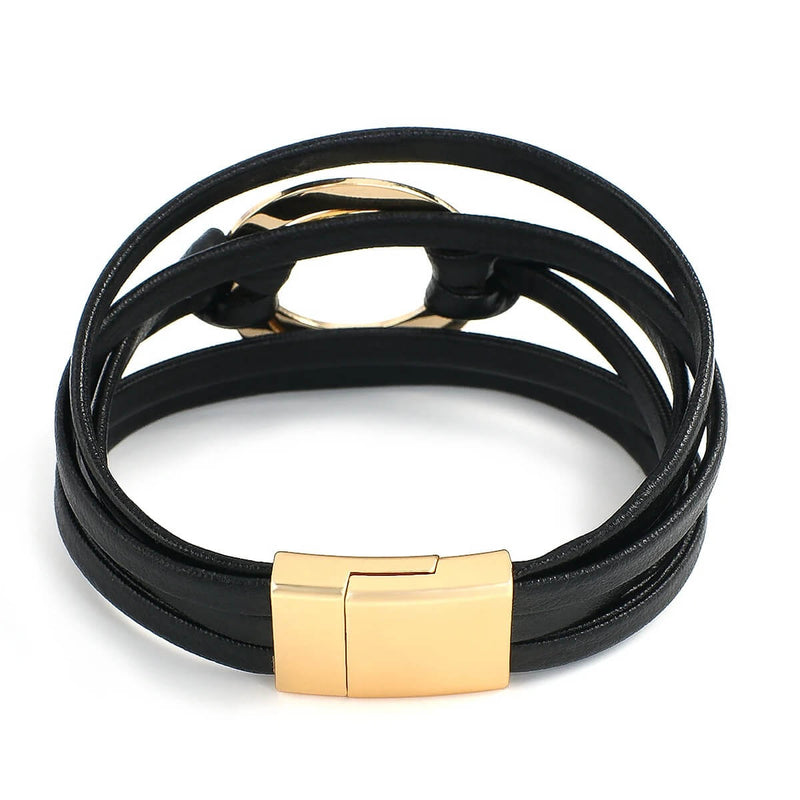 Pulseira Laço Solar | Couro Envoltório & Círculos Dourados