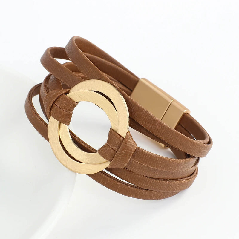 Pulseira Laço Solar | Couro Envoltório & Círculos Dourados