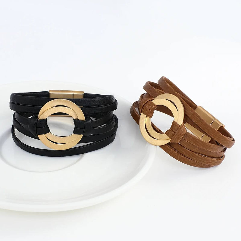 Pulseira Laço Solar | Couro Envoltório & Círculos Dourados