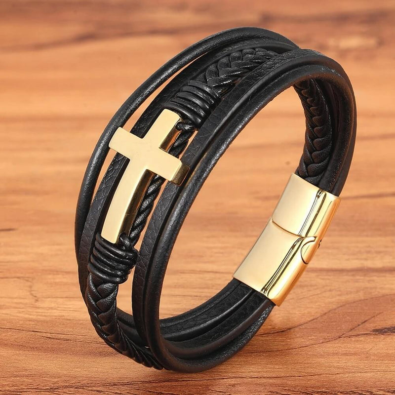 Pulseira Sentinela | Cruz de Aço & Couro Multicamadas