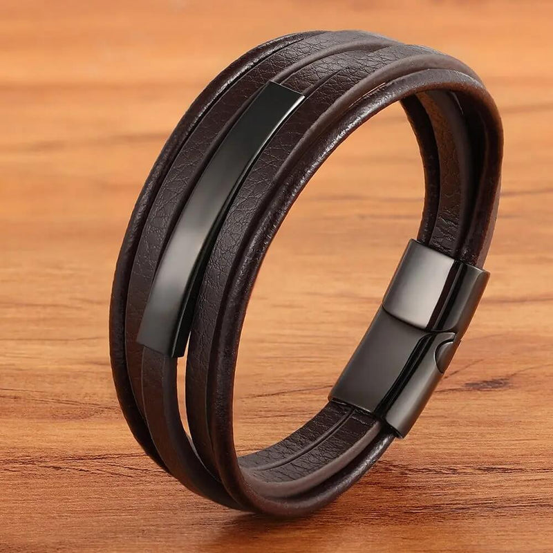 Pulseira Eixo de Aço | Couro Multicamadas & Estilo Minimalista