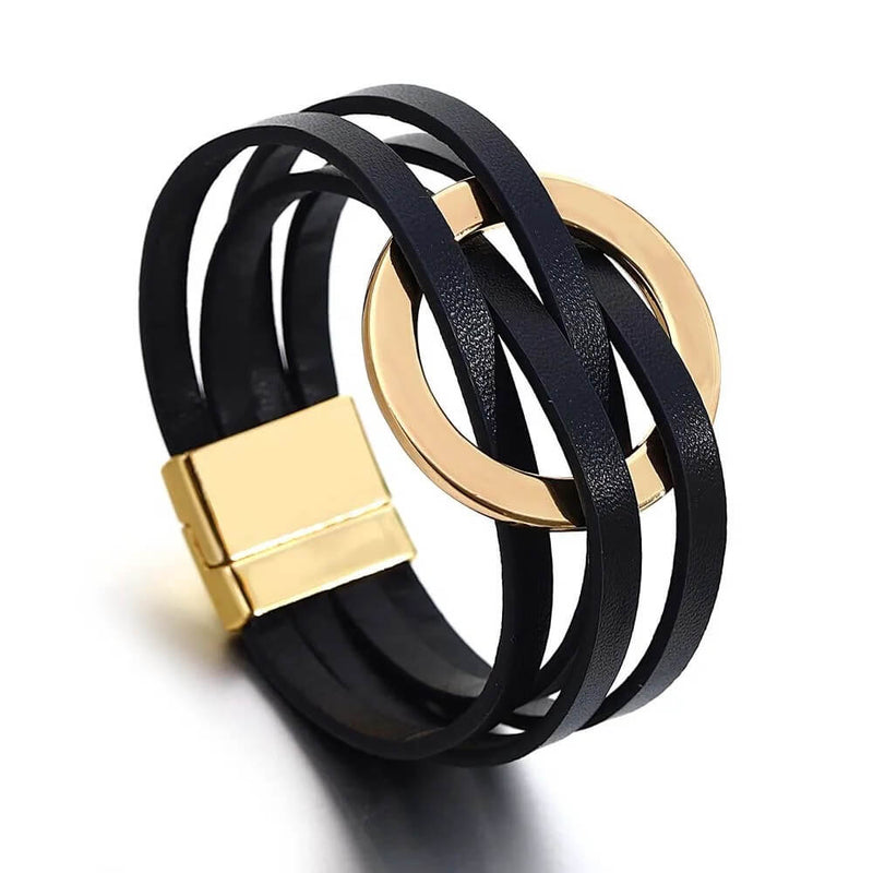 Pulseira Solarie | Couro Envoltório & Elo Dourado