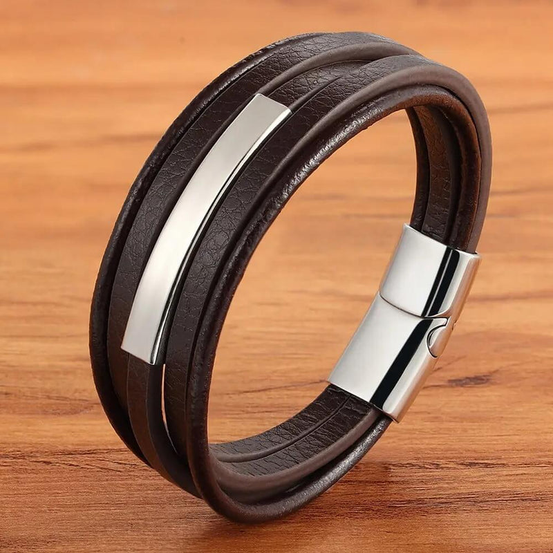 Pulseira Eixo de Aço | Couro Multicamadas & Estilo Minimalista