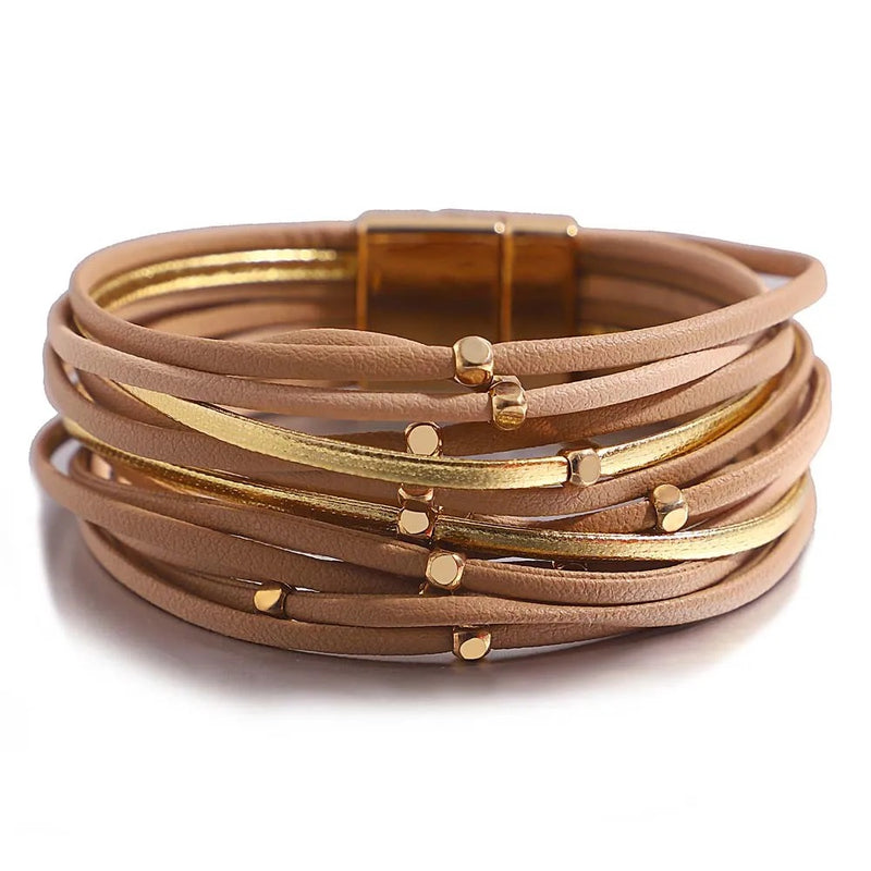 Pulseira Fios Nobres | Tiras de Couro & Contas Douradas