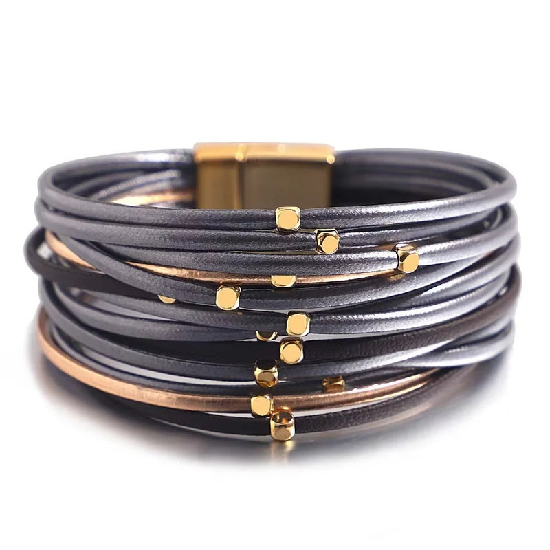 Pulseira Fios Nobres | Tiras de Couro & Contas Douradas