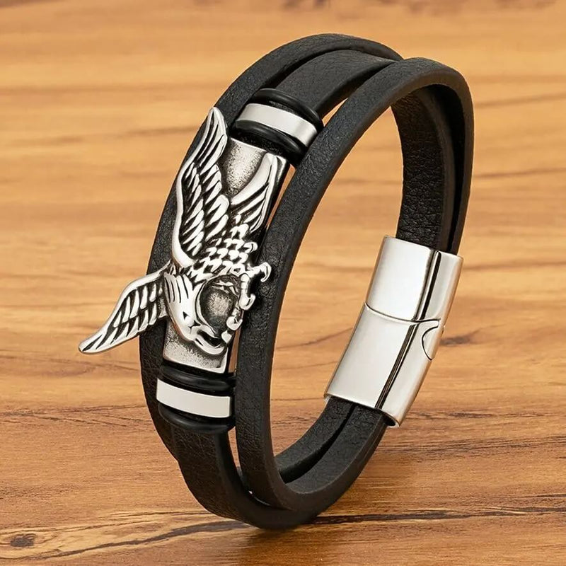 Pulseira Sky Hunter | Águia de Aço & Couro Triplo