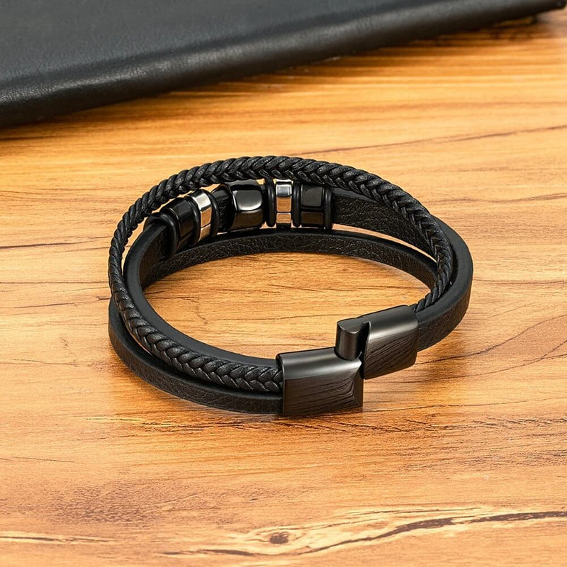 Pulseira Dominus | Leão de Aço & Couro Triplo