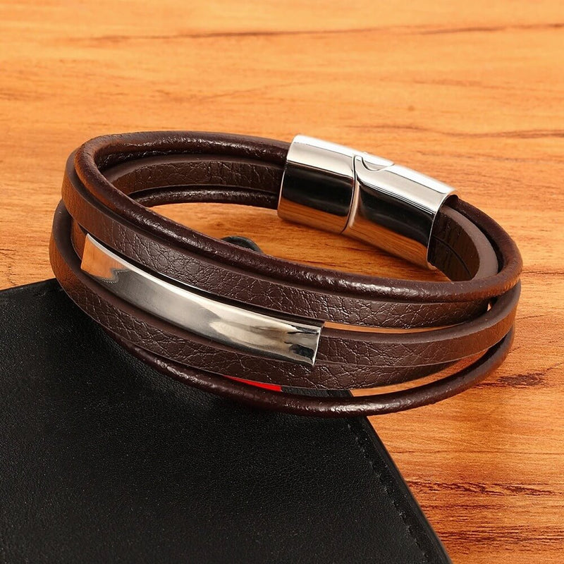 Pulseira Eixo de Aço | Couro Multicamadas & Estilo Minimalista