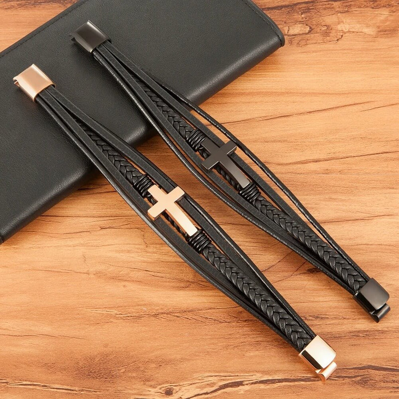 Pulseira Sentinela | Cruz de Aço & Couro Multicamadas