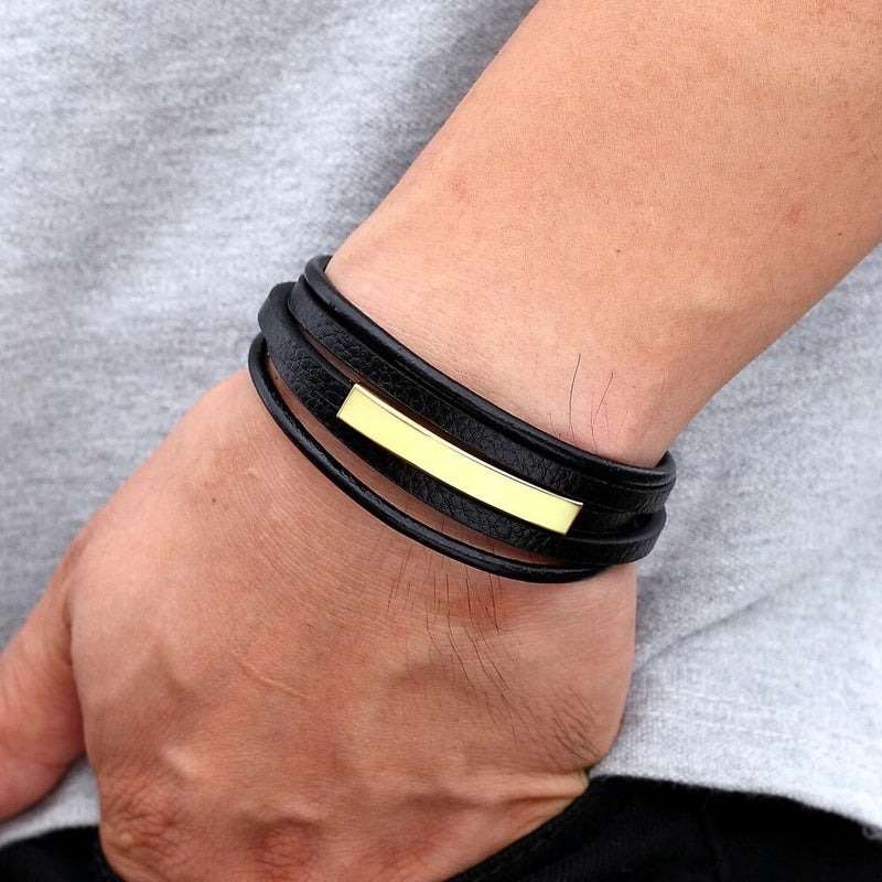 Pulseira Eixo de Aço | Couro Multicamadas & Estilo Minimalista