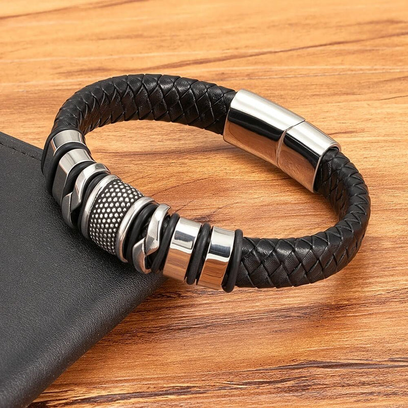 Pulseira Iron Link | Couro Trançado & Correntes de Aço
