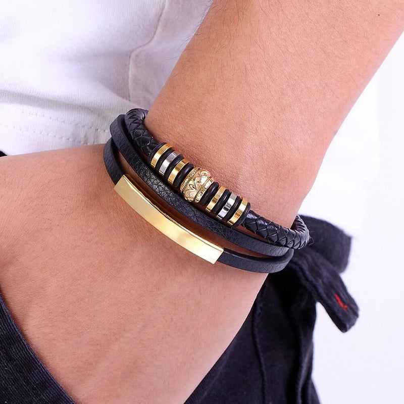 Pulseira Valiant Ring | Couro Multicamadas & Anel de Aço
