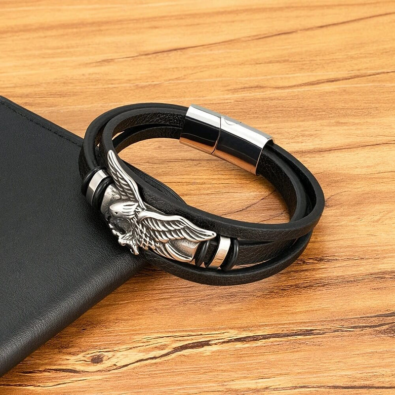 Pulseira Sky Hunter | Águia de Aço & Couro Triplo