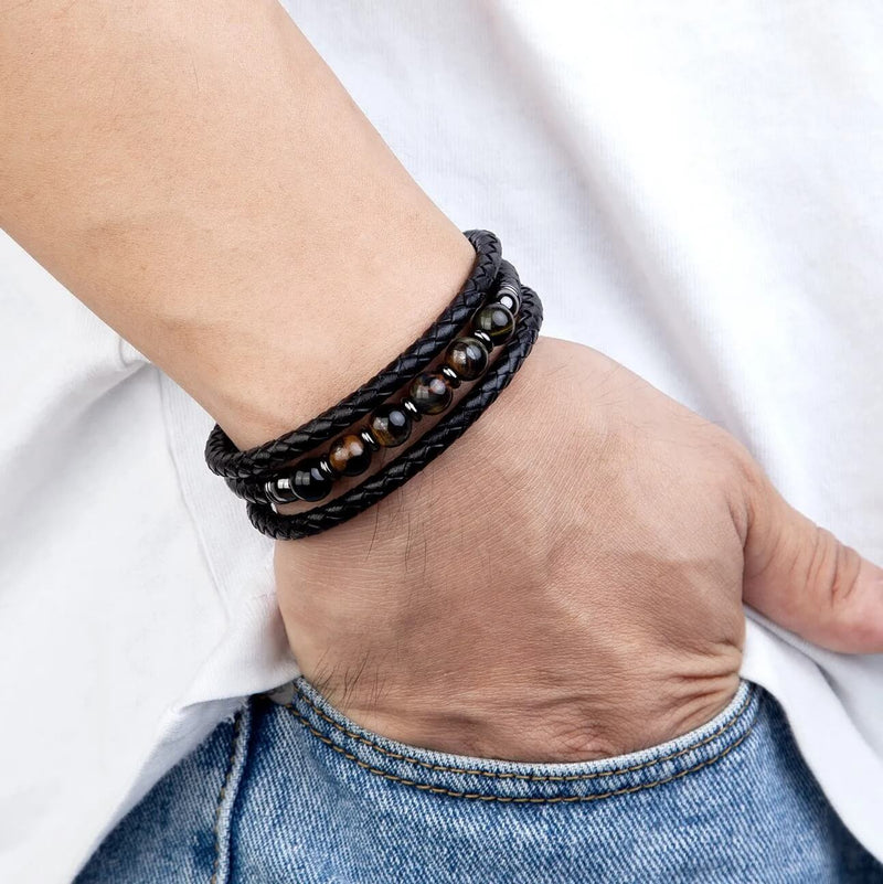 Pulseira Vulcano | Couro Triplo & Contas de Pedra Natural