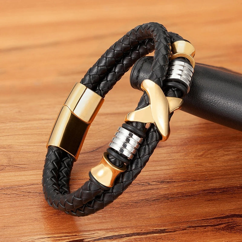 Pulseira Nexus Prime | Couro Duplo & Pingente em X