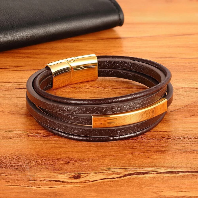 Pulseira Eixo de Aço | Couro Multicamadas & Estilo Minimalista