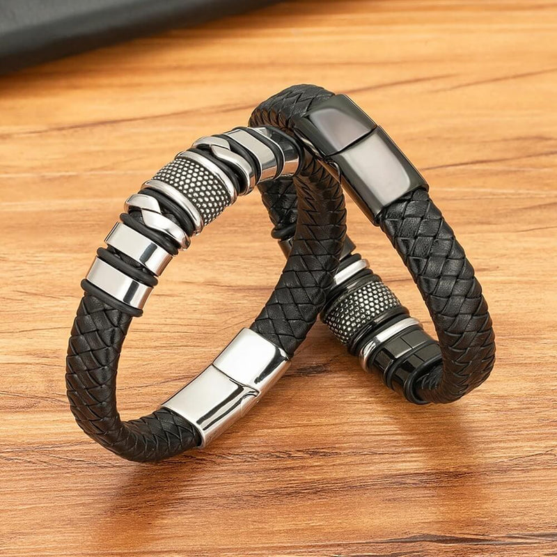Pulseira Iron Link | Couro Trançado & Correntes de Aço