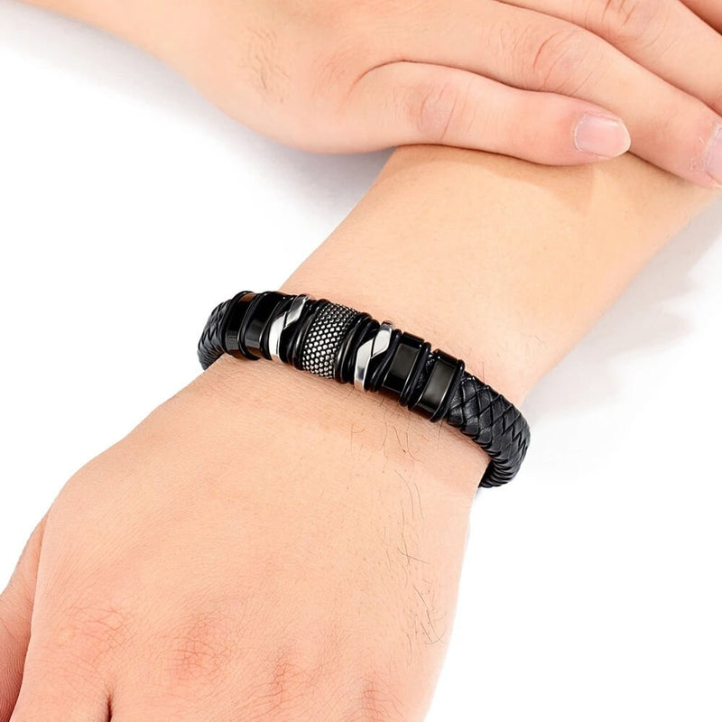 Pulseira Iron Link | Couro Trançado & Correntes de Aço