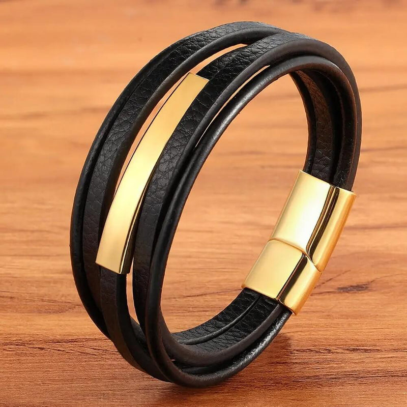 Pulseira Eixo de Aço | Couro Multicamadas & Estilo Minimalista