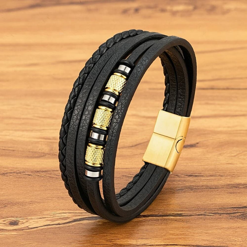 Pulseira Argos | Couro Multicamadas &  Argolas Metálicas