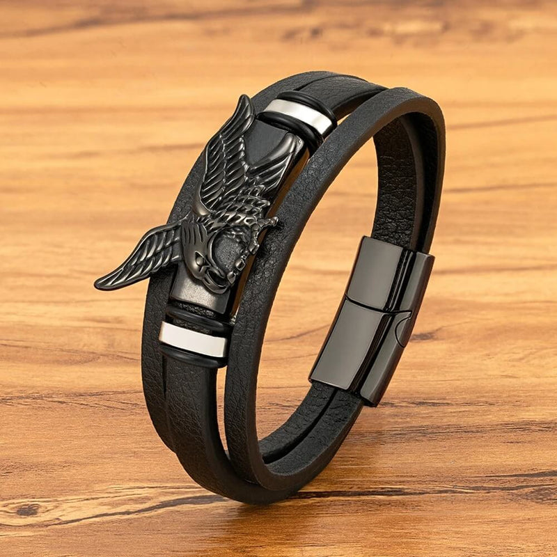 Pulseira Sky Hunter | Águia de Aço & Couro Triplo