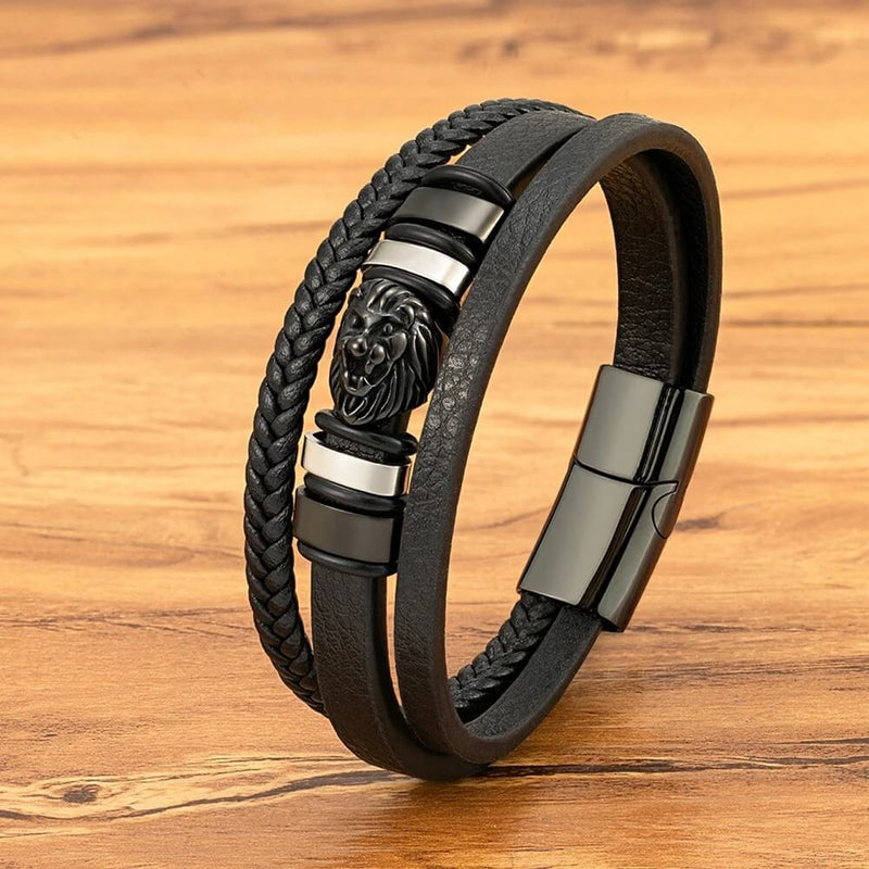 Pulseira Dominus | Leão de Aço & Couro Triplo