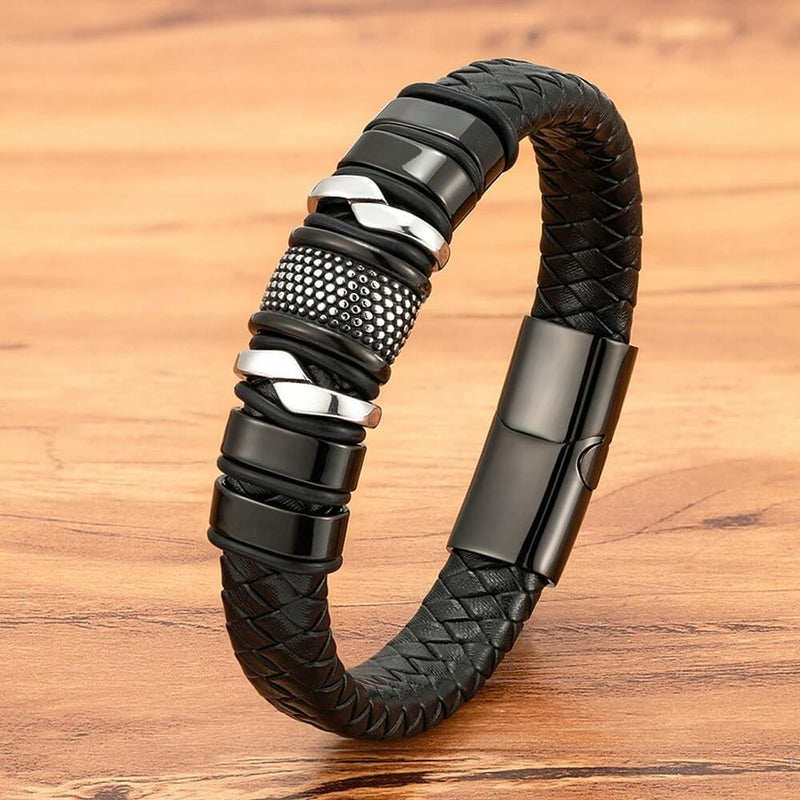 Pulseira Iron Link | Couro Trançado & Correntes de Aço
