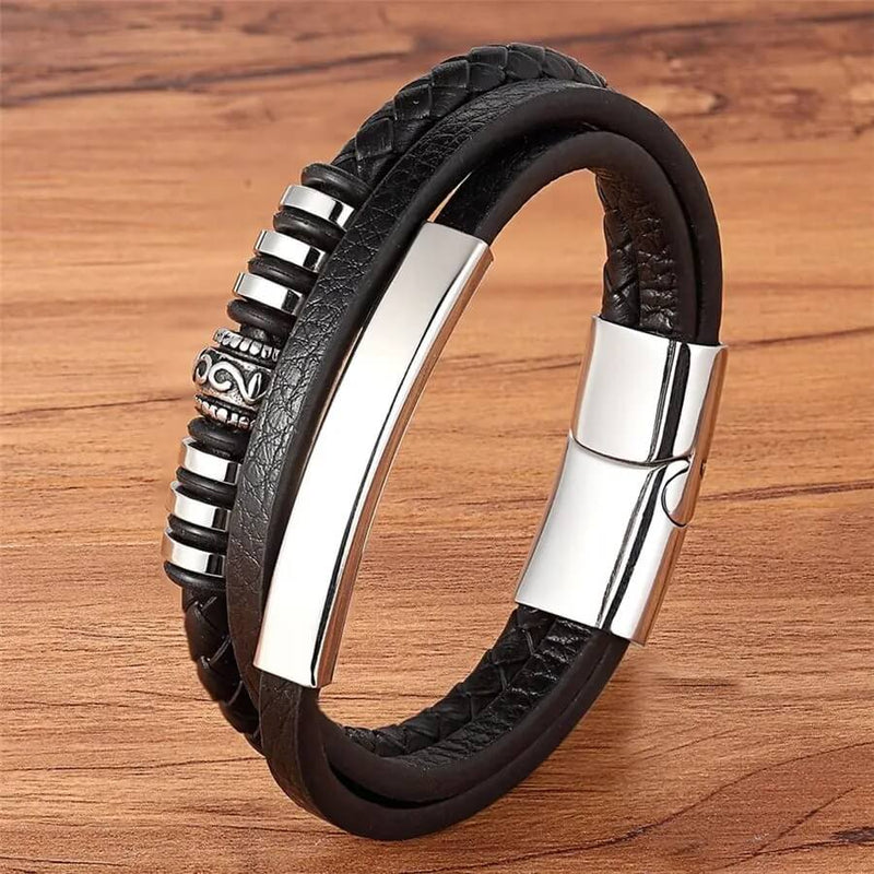 Pulseira Valiant Ring | Couro Multicamadas & Anel de Aço